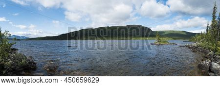 Panoramic View Over Lake Stuor Dahta In Laponia. Sweden Lapland Summer Nature. Mountains, Birch Tree