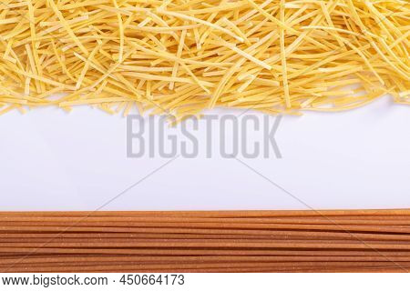Spagetti And Macaroni Background With White Space For Text.