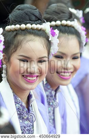 Samutprakan, Thailand - April 30, 2012: Mon Teenage Girls In Traditional Dress Having Fun Together D