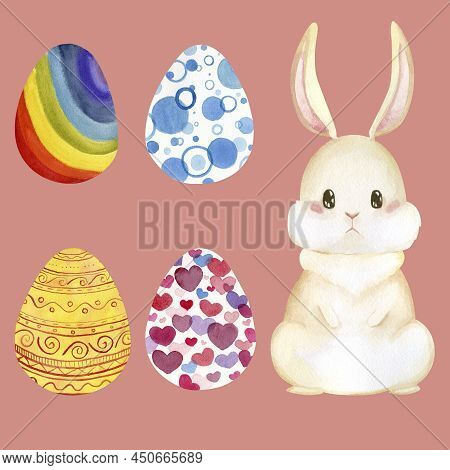 Watercolor Rabbit Character And Set Egg For Easter
