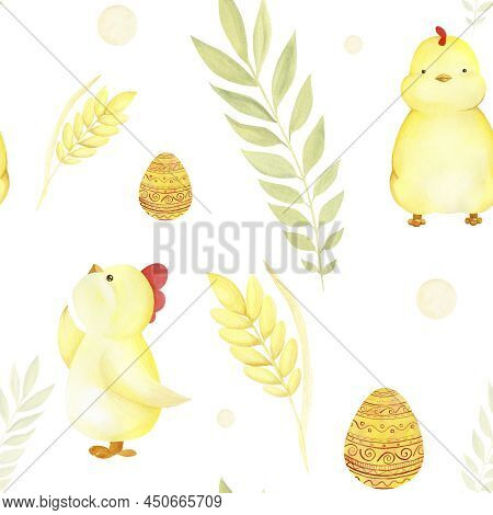 Watercolor Pattern Chick Egg Corn Plants Easter