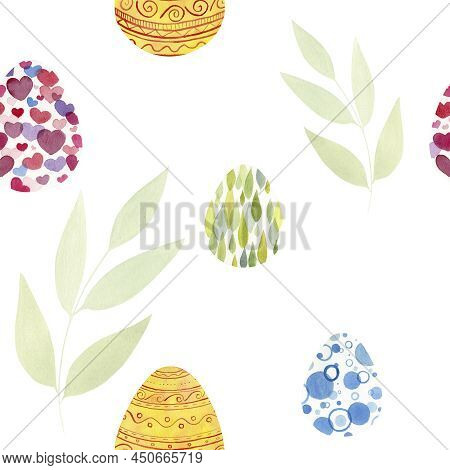 Watercolor Easter Pattern With Eggs And Plants