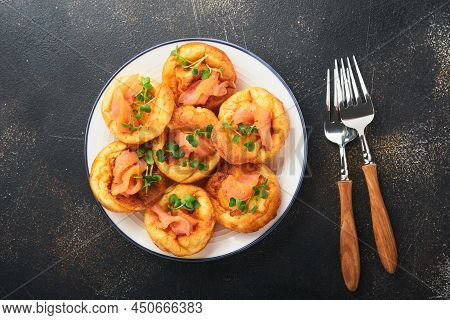 Yorkshire Pudding. Traditional English Yorkshire Pudding With Salmon And Radish Microgreens Side Dis