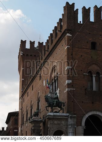 Ferrara, Italy. The Equestrian Statue Of Niccolò Iii D\'este On One Of The Two Columns Of The Volto 