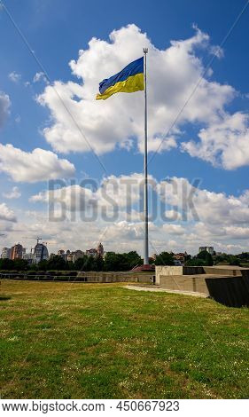 Biggest National Flag Of Ukraine On Tall Flagpole In Dowmtown Of Kyiv, Capital Of Ukraine. Picturesq