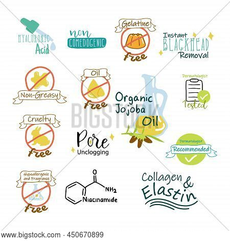 Cosmetic Product Quality Sticker, Label Design Set. Skin Care Badge Collection With Sign, Vector Ill