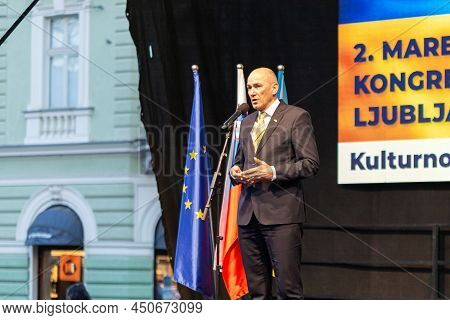 Slovenia, Ljubljana - March 2 2022: Prime Minister Janez Jansa, Keynote Speaker At The Protest In Su