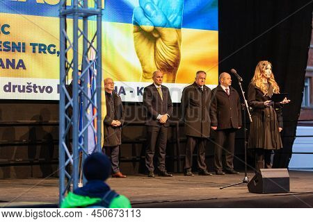 Slovenia, Ljubljana - March 2 2022: Prime Minister Janez Jansa, Keynote Speaker At The Protest In Su