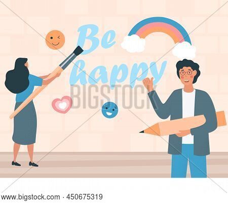 Positive Thinking Concept. Man And Girl With Pencils And Brushes Coloring Picture. Motivational Text