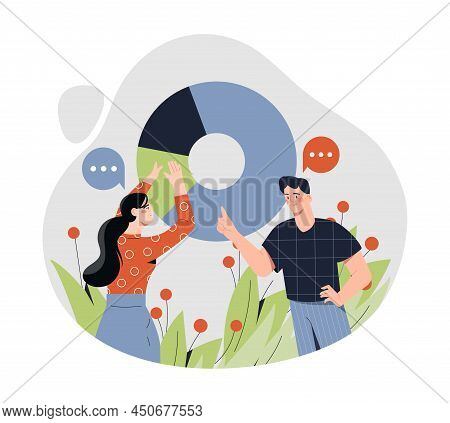 Analyzing Data Concept. Man And Girl On Background Of Graphs And Diagrams. Working With Statistics, 