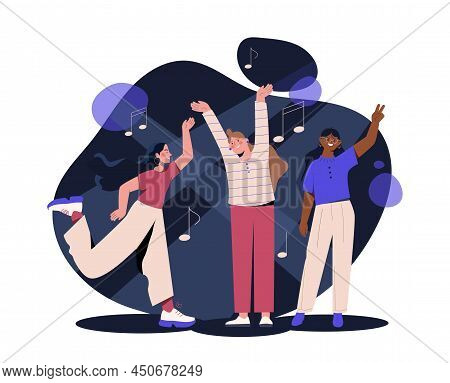 Party At Nightclub. People Dancing In Disco, Active Lifestyle, Student Bands And Youth. Energy And E
