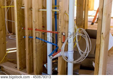 A Under Construction New Building With Hot Red And Cold Blue Pex Pipe Layout Pvc Waste Water System 
