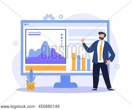 Man With Statistics. Public Speaking, Manager Stands In Front Of Monitor With Graphs And Charts. Fin