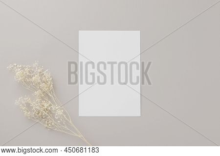 Blank Greeting Card Invitation Mockup 5x7 On Brown Envelope With Dried Flowers On Beige Background, 