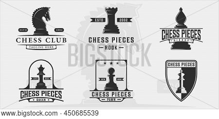 Set Of Chess Pieces Logo Vintage Vector Illustration Template Icon Graphic Design. Bundle Collection