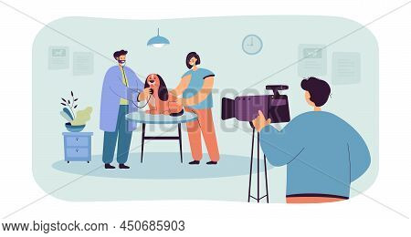 Director Shooting Veterinarians Appointment. Cameraman Recording Video Of Dog And His Owner At Vet C