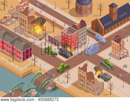 First World War Military Vehicles And Tank Battle In Ruined City Isometric Vector Illustration