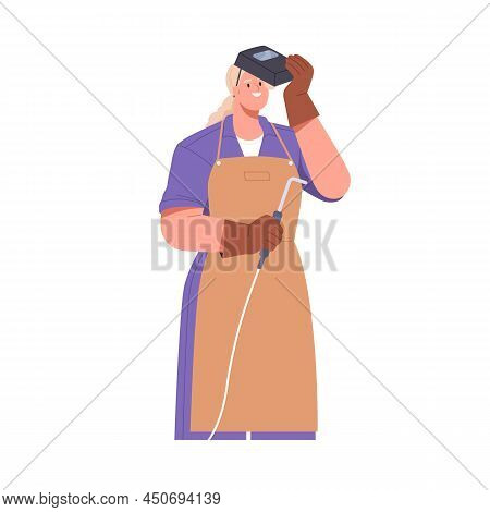 Woman Welder With Metal Mask And Welding Tool. Industrial Worker In Helmet With Professional Equipme