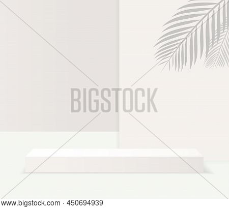 Rectangular White Stage Podium Iwith Shadow. Stage Vector Backdrop. Festive Podium Scene For Award C