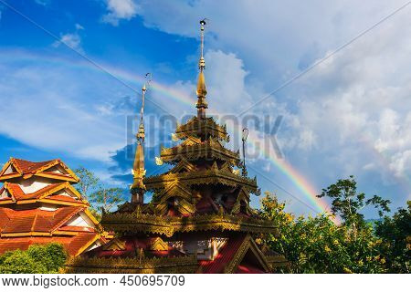 Colourful Rainbow Over The Ancient Wooden Temple. Shan-thai Buddhist Temple Near Thailand-myanmar Bo