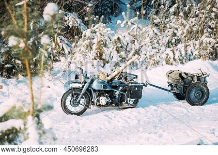 Old Tricar, Three-wheeled Motorbike Of Wehrmacht, Armed Forces Of Germany Of World War Ii Time In Wi