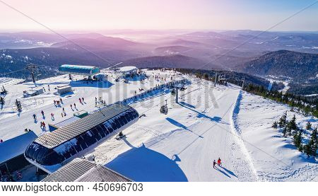 Sheregesh Ski Lift Resort Winter, Landscape Mountain And Hotels, Aerial Top View Russia Kemerovo Reg