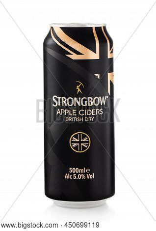 London,uk - February 14,2022: Strongbow British Dry Apple Cider In Aluminium Can On White.
