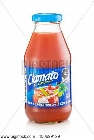 London,uk - March 05,2022: Clamato Original Tomato Juice Cocktail Mix In Glass Bottle On White.