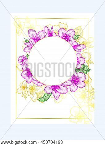 Floral Botanical Golden Wedding Invitation Elegant Card Template With Apple Flowers. Romantic Rond F