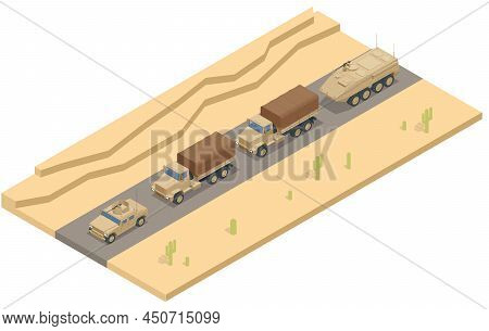 Isometric Column Of Military Equipment Rides On The Road. Military Army Vehicle Isolated Military He