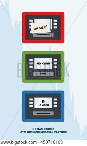 Atm Machines Screens With No Cash Sign In Red, Blue And Green, Editable Eps Vector
