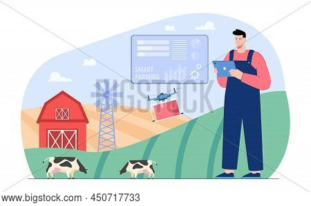 Farmer With Tablet Analyzing Data About Cows. Engineer On Farm, Implementation Of Automation Flat Ve