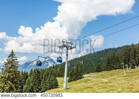 Ski Lift In Summer. Cable Car. View From The Mountain. Beautiful Landscape. Ski Track In Summer. Fun