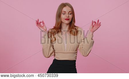 Keep Calm Down, Relax, Inner Balance. Pretty Businesswoman Girl Breathes Deeply With Mudra Gesture, 
