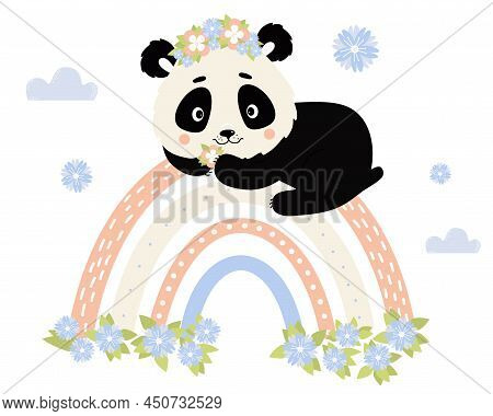 Cute Panda Character In Flower Wreath Lies On Rainbow On White Background With Clouds. Vector Illust