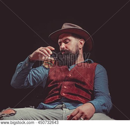 Man With Beard Holds Glass Brandy. Bad Habit - Alcohol Addiction. Addicting To Alcoholic Drink. Alco