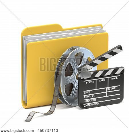 Yellow Folder Icon Film Reel And Clapboard D Rendering Illustration Isolated On White Background