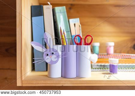 Diy Rabbit Or Bunny Toy, Handmade Pencil Holder, Toilet Paper Roll Craft Concept For Kid And Kinderg