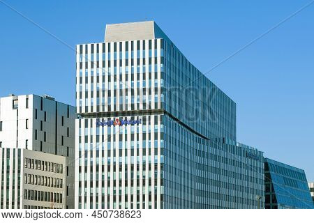 Strasbourg, France - Mar 8, 2022: Blue Color Cast Over Credit Mutuel Signage Logotype On The Tall Sk