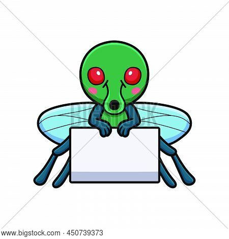 Vector Illustration Of Cute Little House Fly Cartoon With Blank Sign