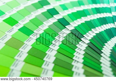Berdsk, Russia - 9 Feb 2022: Pantone Color Guide. Palette Of Green Color Shades. A Sample Of The Chr