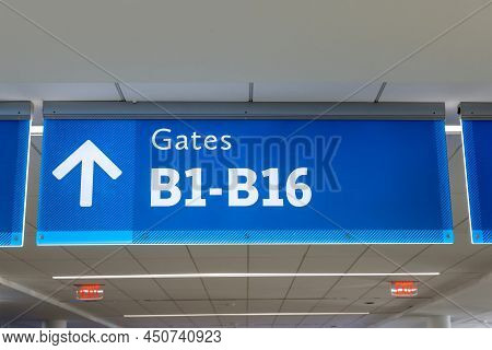 International Airport Sign Gates B1- B16 In Interior Air Terminal
