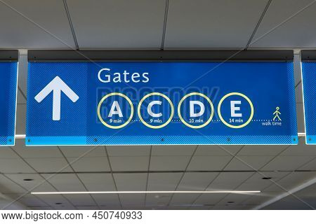 International Airport Sign Gates A C D E In Air Terminal