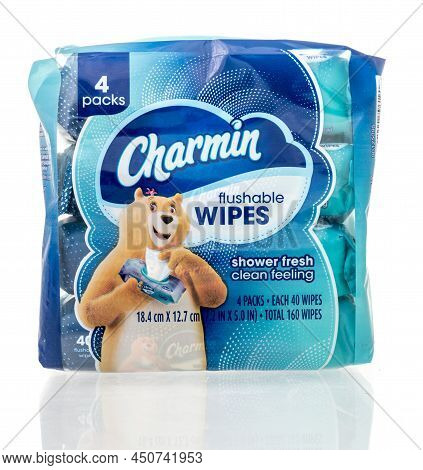 Winneconne, Wi -6 March 2021: A Package Of Charmin Flushable Wipes On An Isolated Background