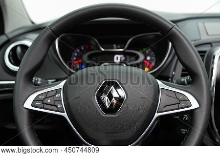 Novosibirsk, Russia -  February    09 , 2022: Renault Kaptur , Teering Wheel With  Logo    And  Spee
