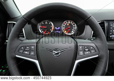 Novosibirsk, Russia -  February    09 , 2022:  Uaz Patriot , Teering Wheel With  Logo    And  Speedo