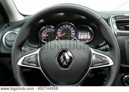 Novosibirsk, Russia -  February    09 , 2022:  Renault Sandero , Teering Wheel With  Logo    And  Sp