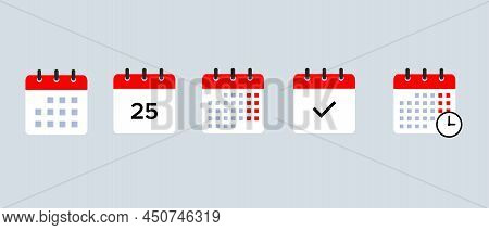 Calendar Vector Icons Set. Clock, Check Mark, Date Symbol. Calendar Symbol For Apps And Website