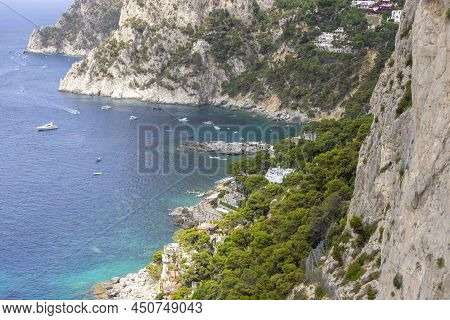 Capri Island, Italy - July 28, 2021: Aerial View Of Rocky Shoreline On The Tyrrhenian Sea Nearby Mar