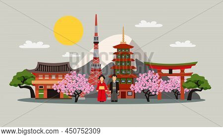 Japan Symbols Composition Flat Decorative Background Poster With Kimono Dress Fuji Mountain And Saku